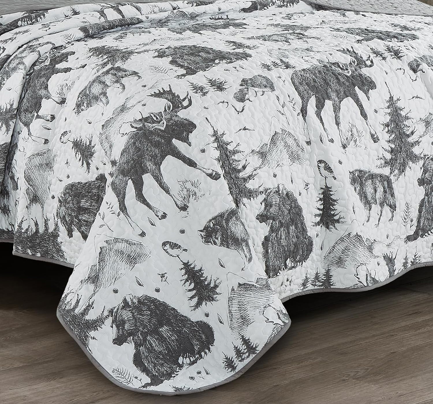3-Piece King White Black Gray Microfiber Quilt Set X968673