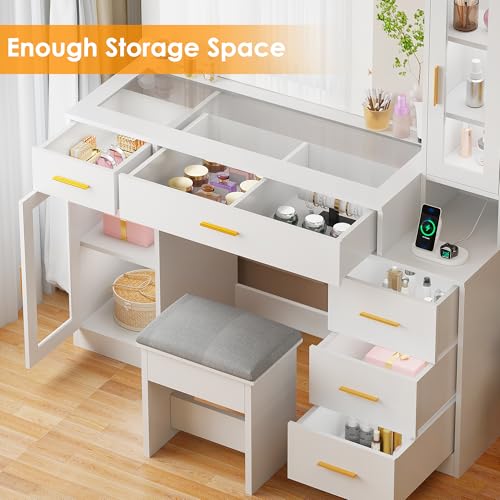 White Large Vanity Desk with Mirror and Lights, Glass Top, Stool, Power Outlet, Drawers, Cabinet T768
