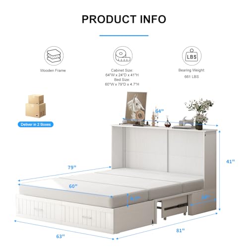 Queen Murphy Bed with Tri-fold Mattress and 2 Storage Drawer C59351