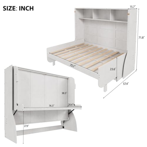 Antique White Solid Wood Full Size Murphy Bed with Desk and Storage Shelves E534828