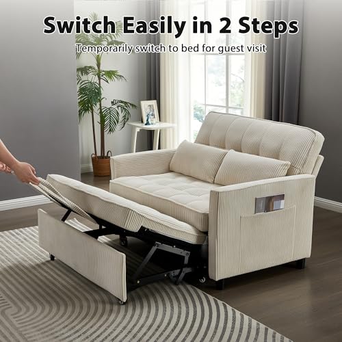 Beige Corduroy Convertible Pull Out Couch with USB Port Y973161
