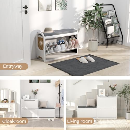 White Wooden Rattan Shoe Bench with Storage W590929