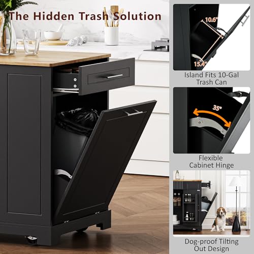 60" Kitchen Island with Drop Leaf and Power Outlet, Rolling Kitchen Cart with Trash Can Storage Cabinet A291679