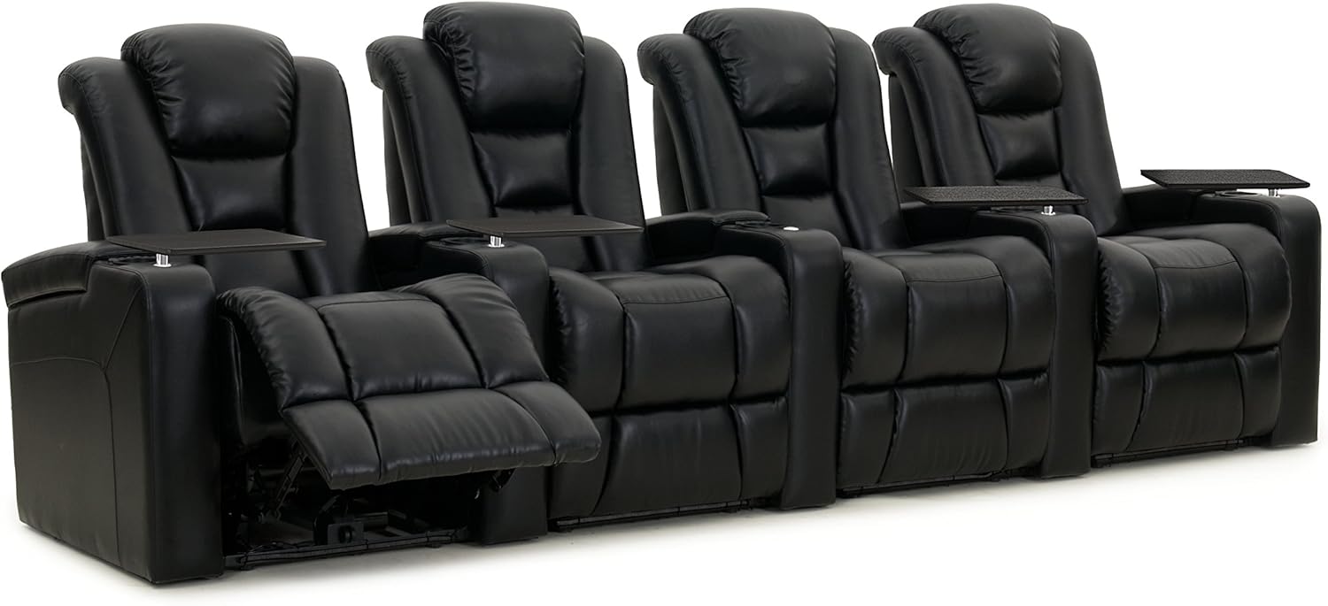 Black Bonded Leather Power Recline Row of 4 Home Theater Seats X162