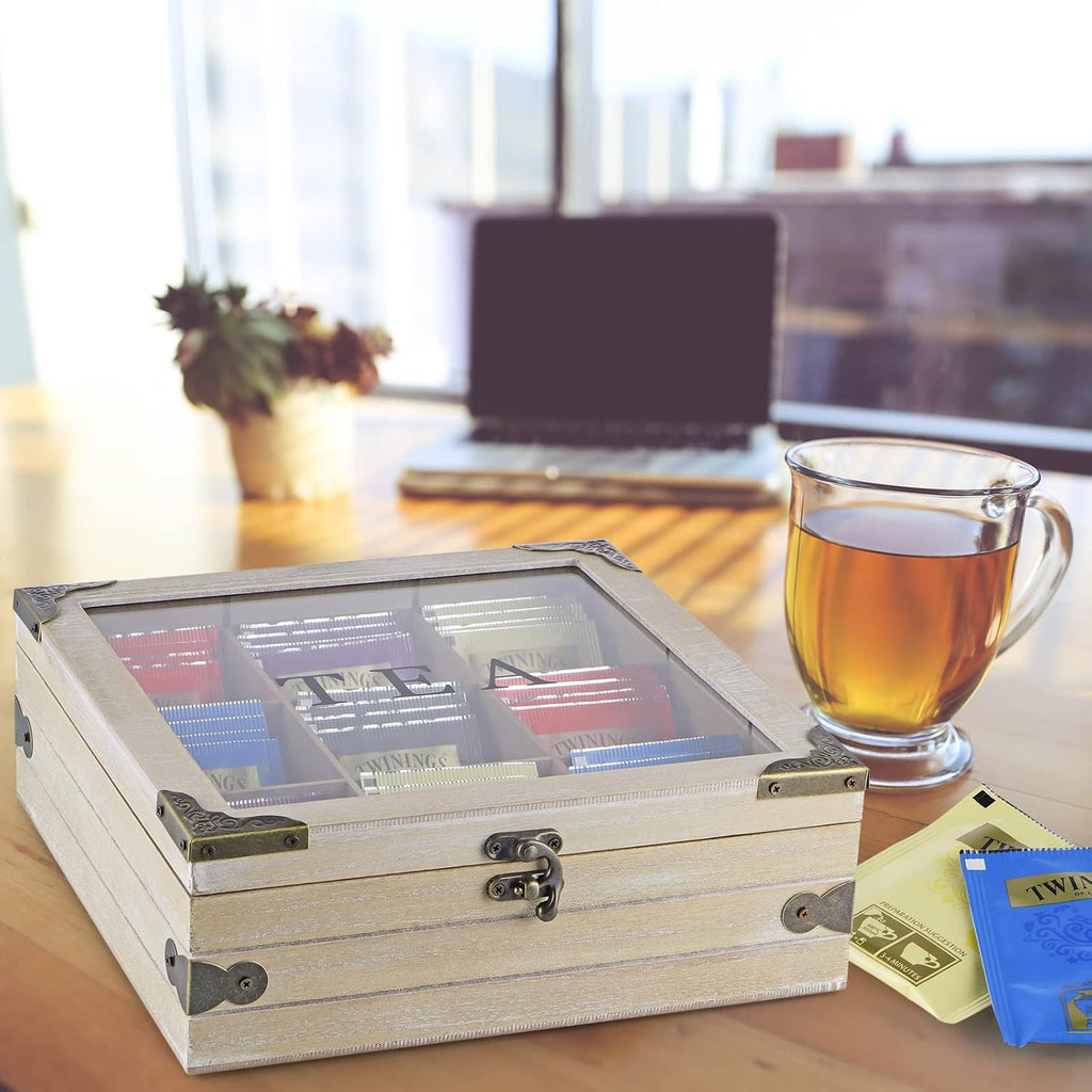 Wood Tea Box Organizer with Glass Lid, 9 Compartments U577197