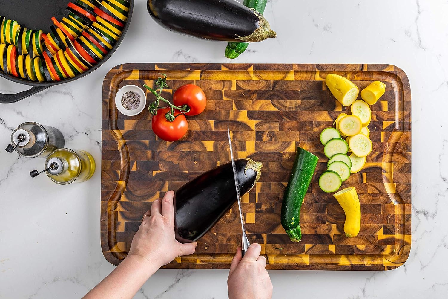 Acacia End Grain Cutting Board with Juice Groove, 24" x 16" x 1" P5907