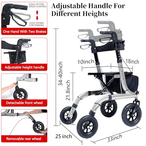Lightweight Foldable All Terrain Rolling Walker with seat, Aluminum Walker with 10 inch Rubber Wheels P985668