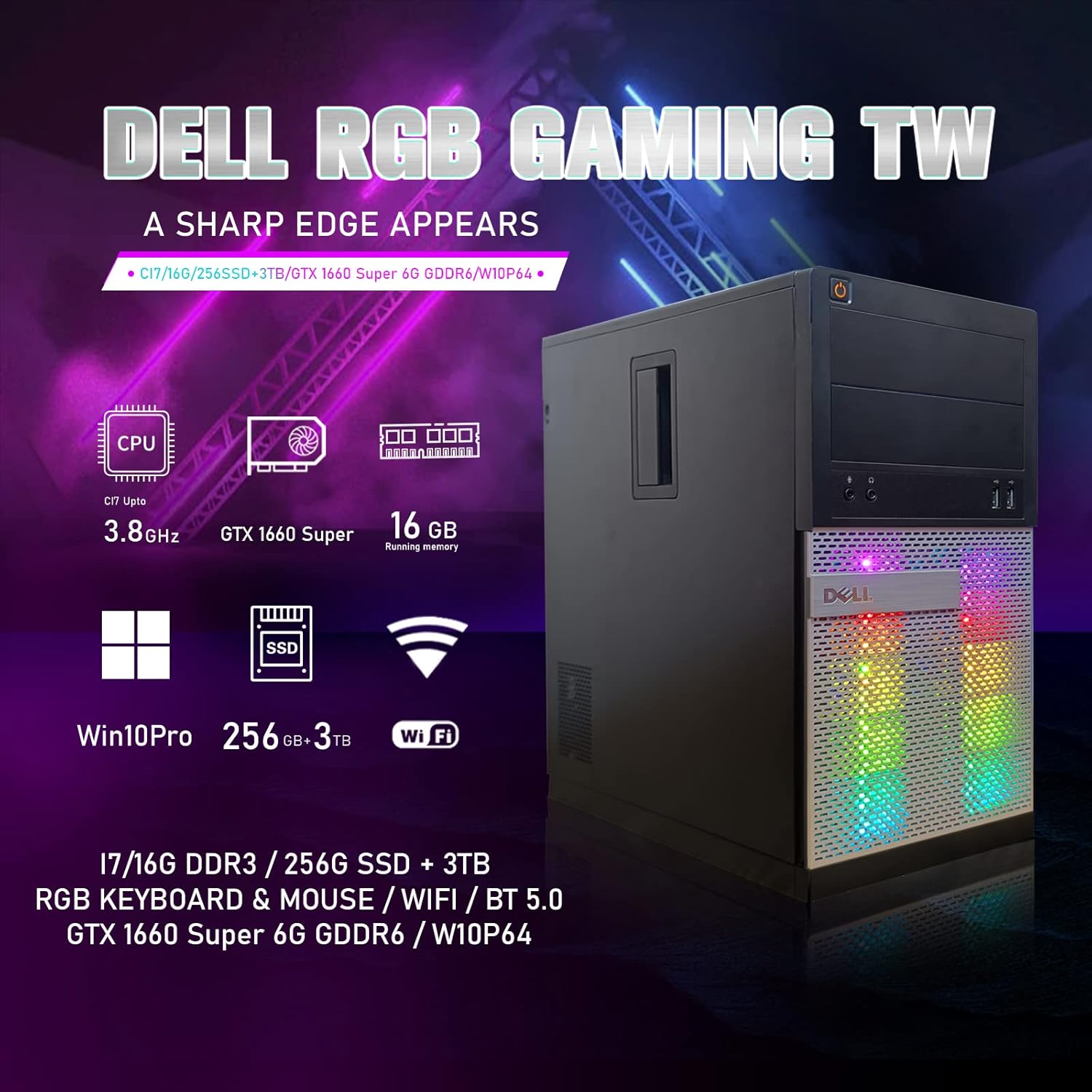 RGB Gaming PC Desktop Computer with Intel Quad I7, GeForce GTX 1660 Super 6G, 16GB Memory, 256G SSD + 3TB, WiFi & Bluetooth 5.0, Win 10 Pro S1142