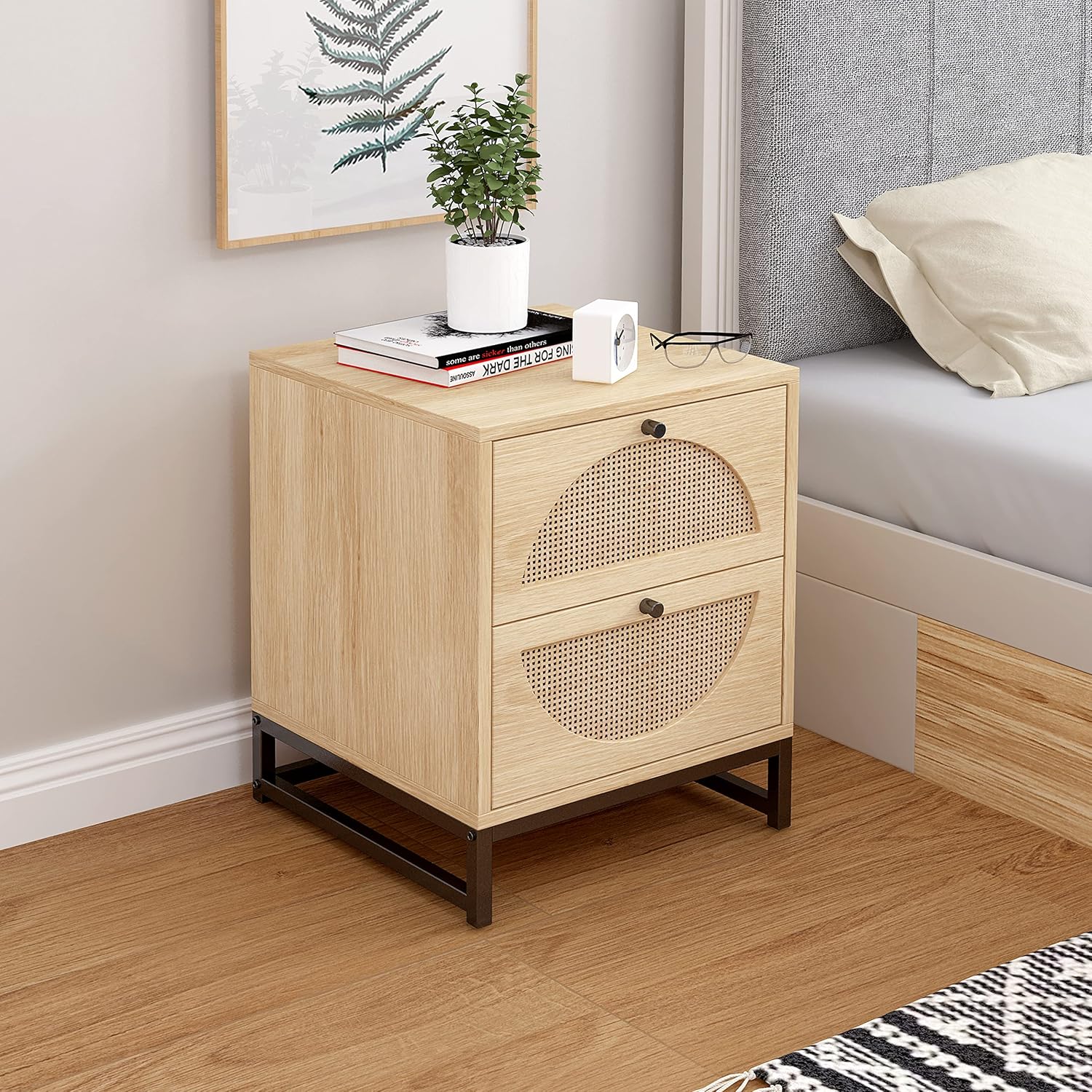 2 Drawer Rattan Wood Nightstand R491