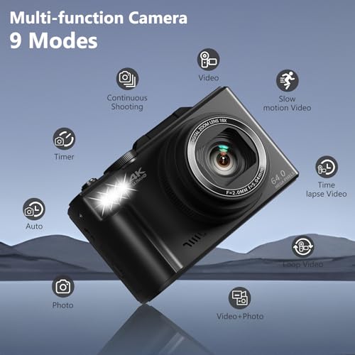 64MP Digital Camera with 3" 180° Flip Screen, 18X Digital Zoom, 32GB Micro SD Card (Black) G925546