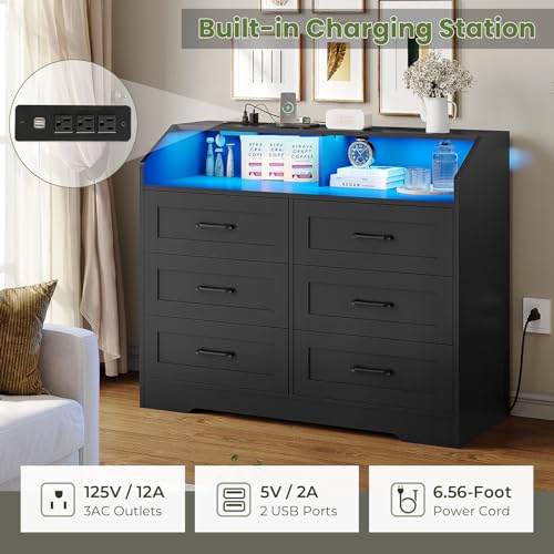 White 6 Drawers Wood Dresser with LED Lights and Charging Station C8955