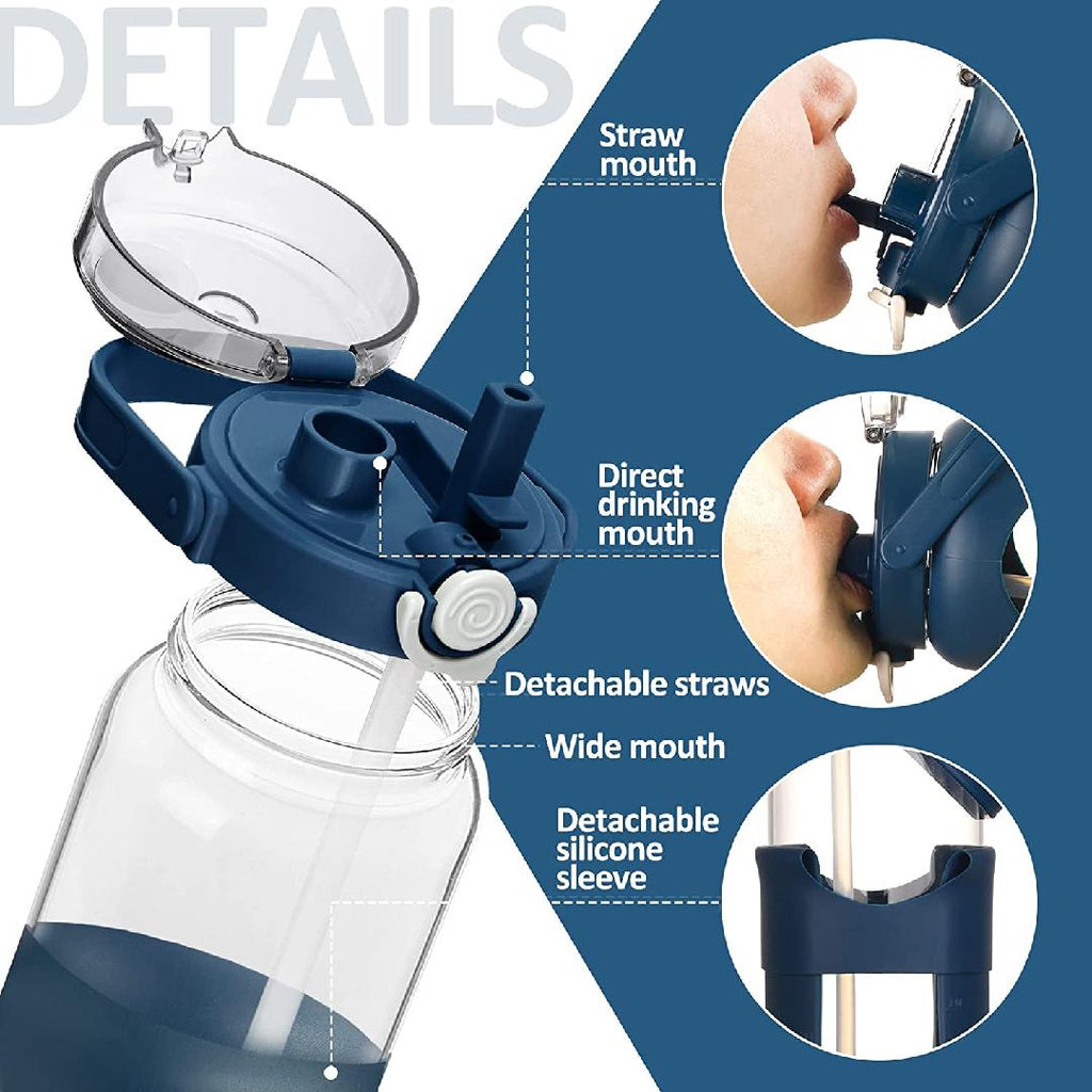 64oz Glass Water Bottle with Straw Time Marker Half Gallon 2L Dark Blue L22790