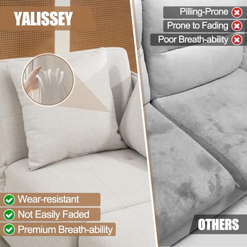 Beige 3-Seat Linen Fabric Convertible Sofa Bed with 2 Throw Pillows C38437