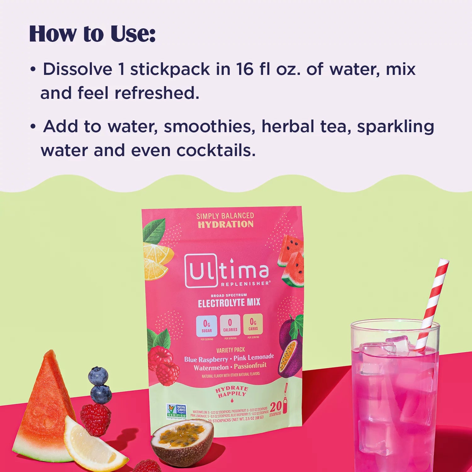 Tropical Electrolyte Hydration Powder, 20 Count Stickpack Pouch, Sugar Free, 0 Calories, 0 Carbs, Gluten-Free, Keto, Non-GMO with Magnesium, Potassium W511