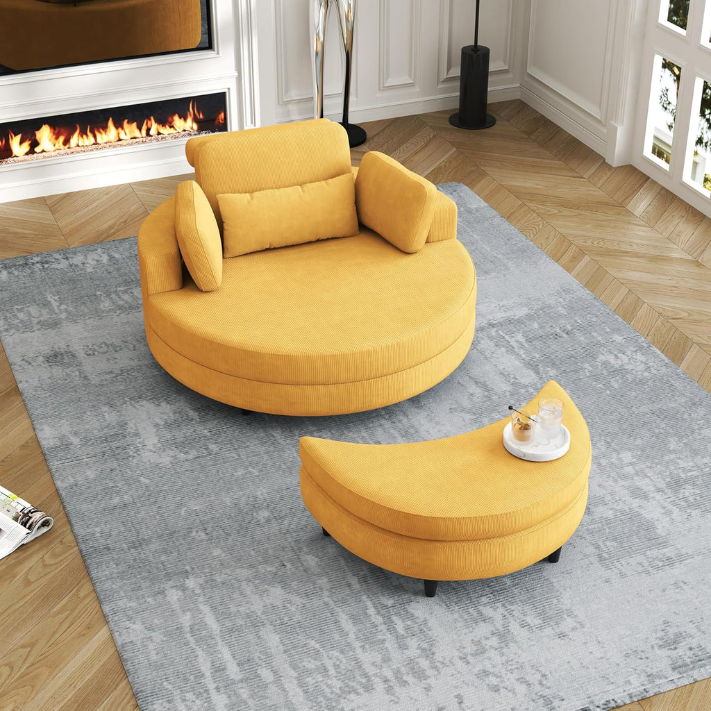 Oversized Corduroy Barrel Armchair with Adjustable Headrest, 4 Pillows, Storage Ottoman & Removable Tray V820634
