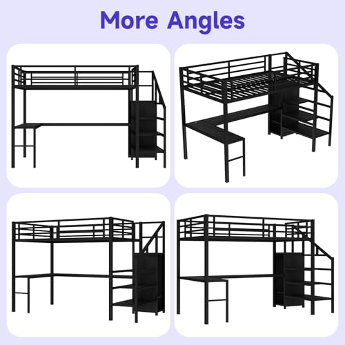 Full Size Metal Loft Bed Frame with L Shaped Desk, Wardrobe, Storage Stairs, Charging Station & Safety Guard Q252