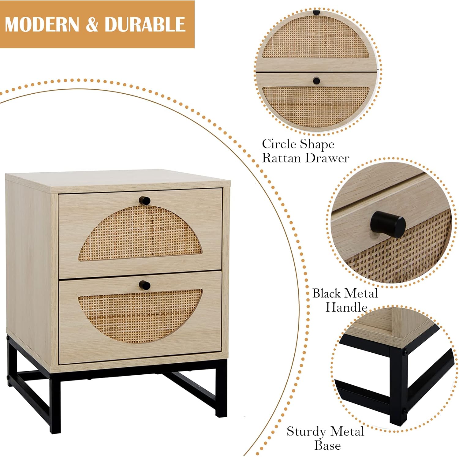 2 Drawer Rattan Wood Nightstand R491