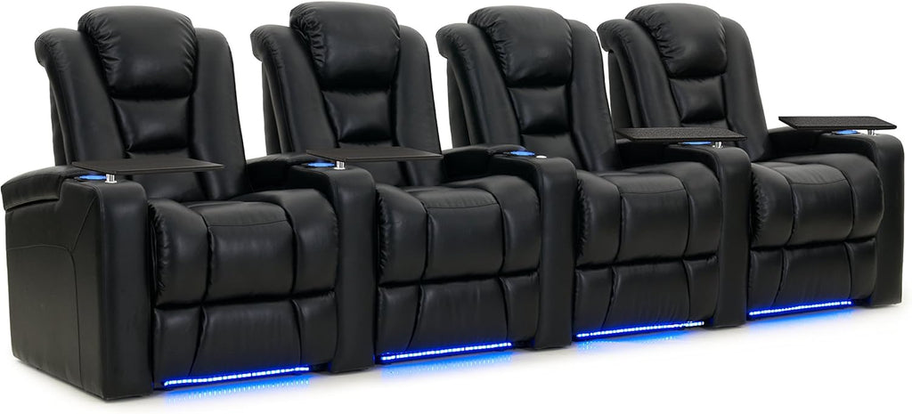 Black Bonded Leather Power Recline Row of 4 Home Theater Seats X162