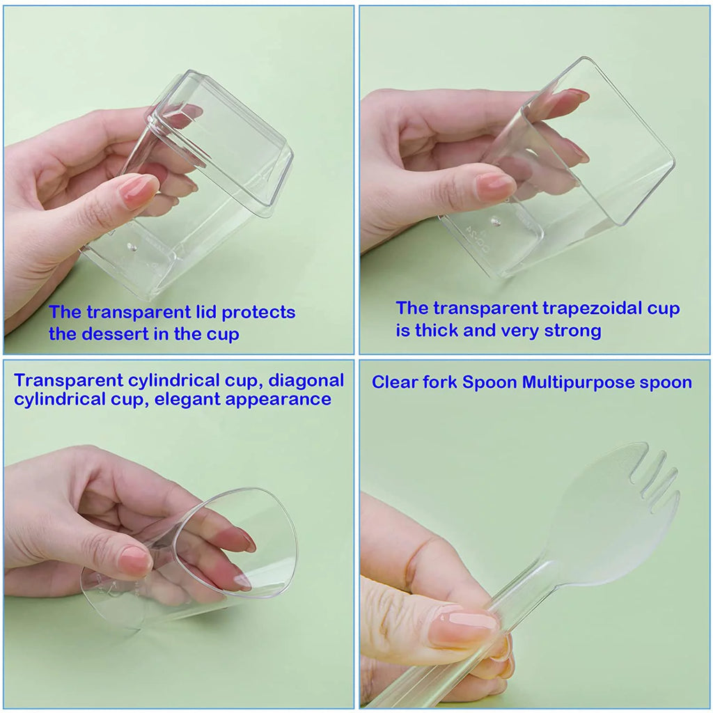 100 Pack 5.4oz Clear Dessert Cups with Lids and Spoons E1825