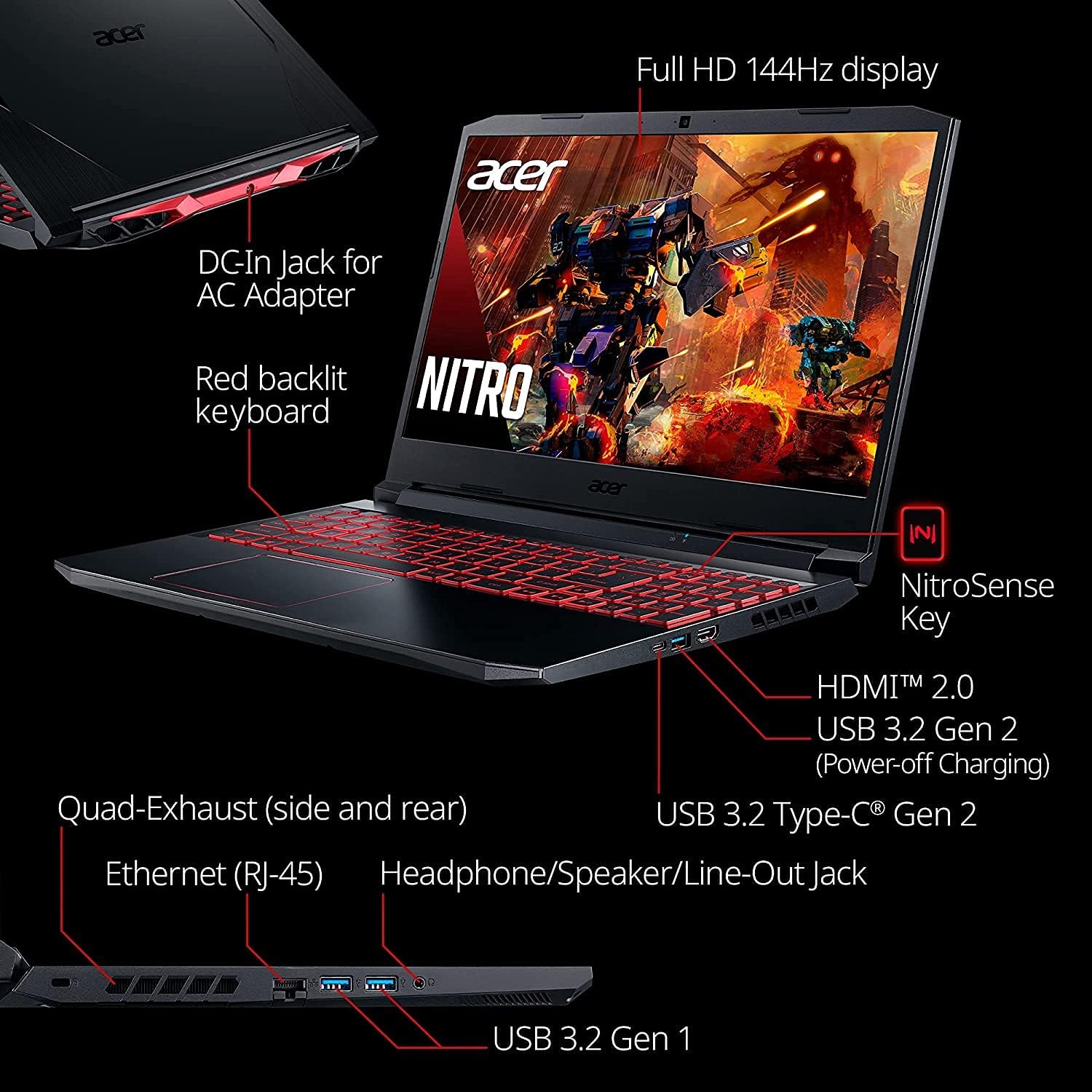 Nitro 5 Gaming Laptop 15.6" FHD 144Hz IPS Intel Core i5 NVIDIA GeForce RTX 3050 8GB DDR4 512GB NVMe SSD Backlit Keyboard X892