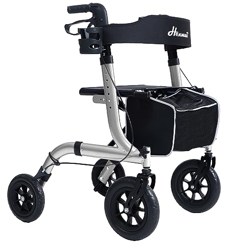 Lightweight Foldable All Terrain Rolling Walker with seat, Aluminum Walker with 10 inch Rubber Wheels P985668