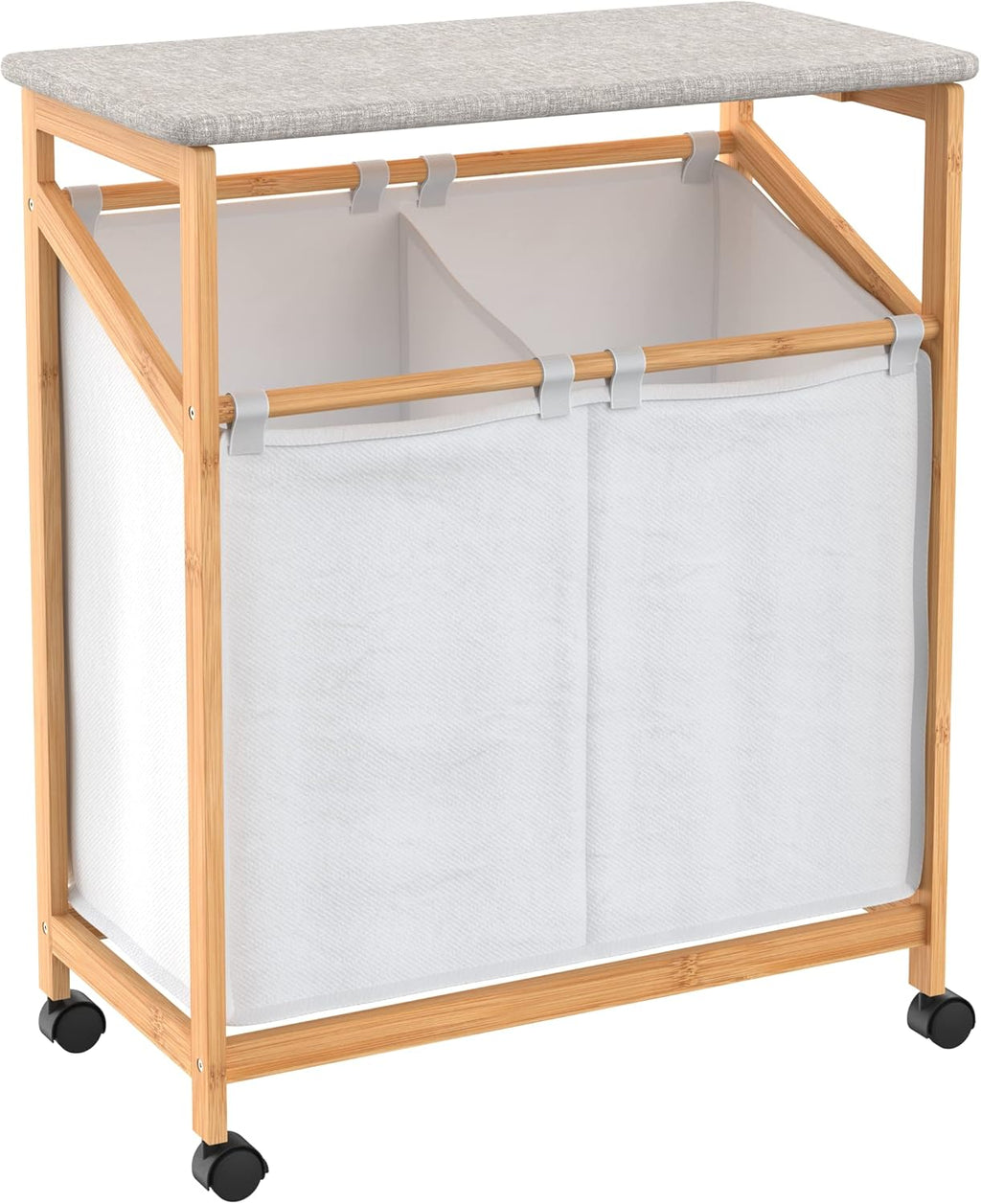 Bamboo Laundry Hamper Cart with Ironing Board Folding Station, Dual Compartments with Divider, Natural Finish B363