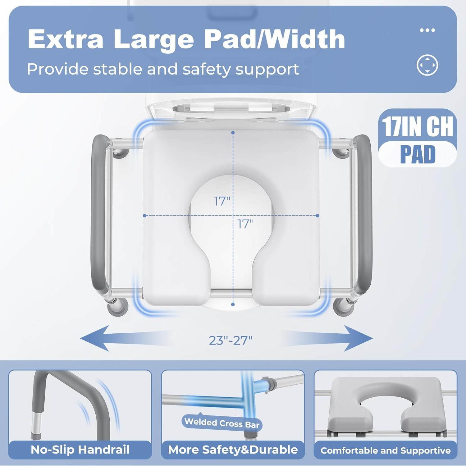 Raised Toilet Seat with Handles, Heavy Duty 400lb Adjustable Toilet Seat with Safety Frame E8759