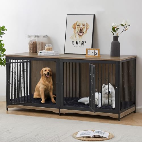 71'' Wooden Double Dog Crate Kennel Cage, Brown K718653
