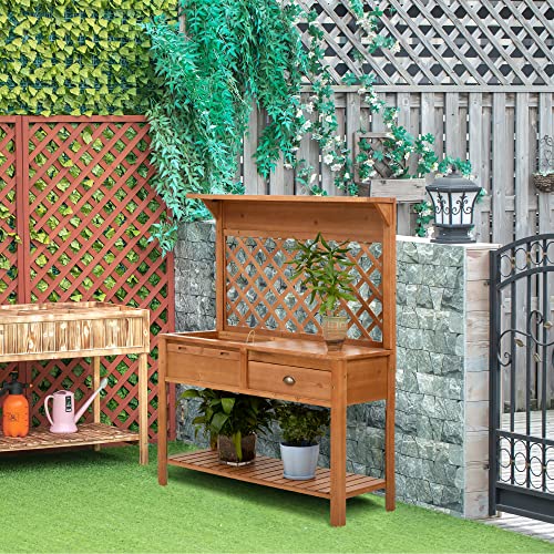 Outsunny Garden Potting Bench, Outdoor Wooden Workstation Table with Metal Screen, Drawer, Hooks, Storage Shelf, and Lattice Back E2159