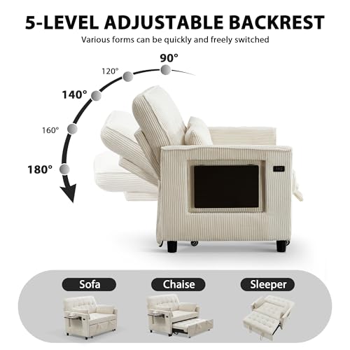 Beige Corduroy Convertible Pull Out Couch with USB Port Y973161