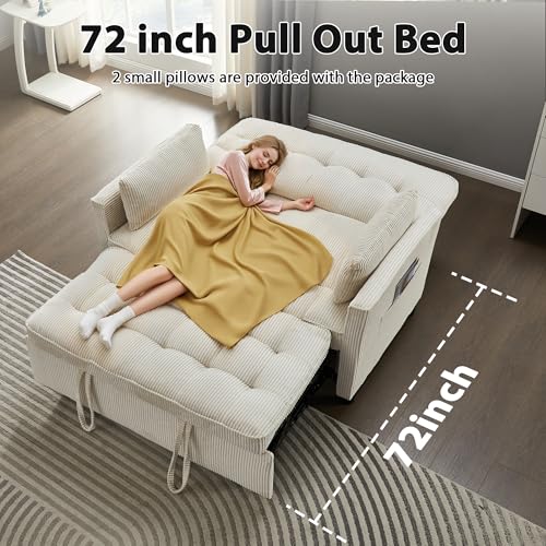 Beige Corduroy Convertible Pull Out Couch with USB Port Y973161