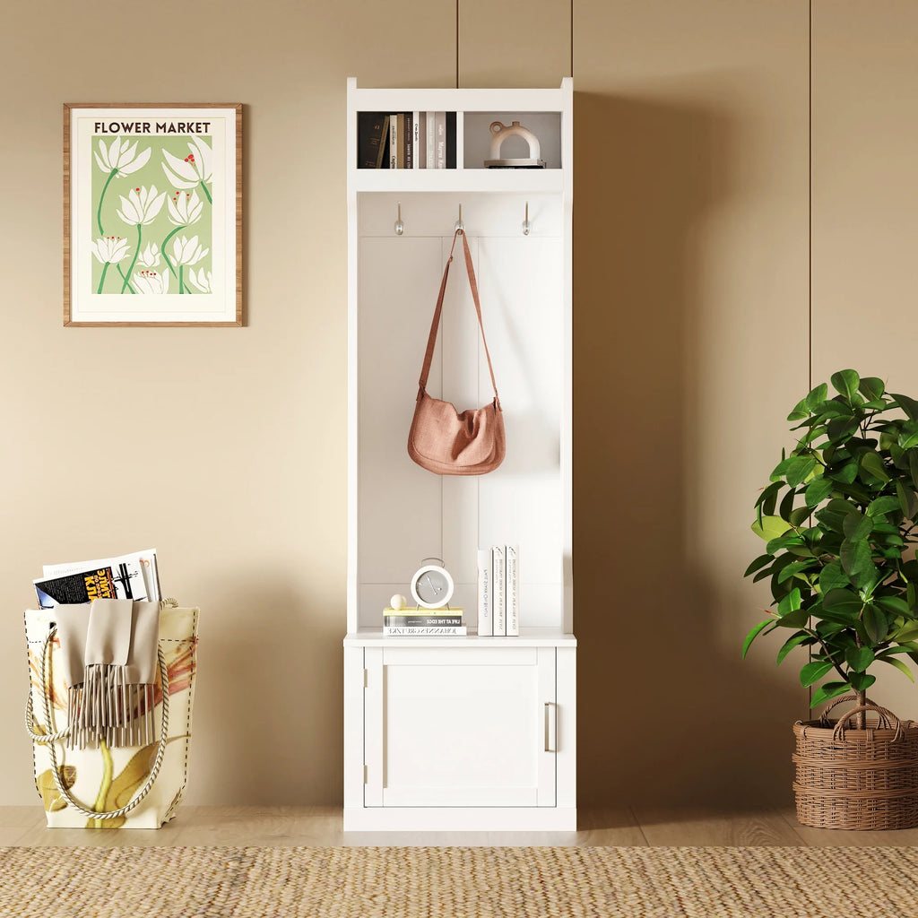 White Slim Hall Tree with Cabinet & 6 Hanging Hooks Storage Bench with Coat Rack K427