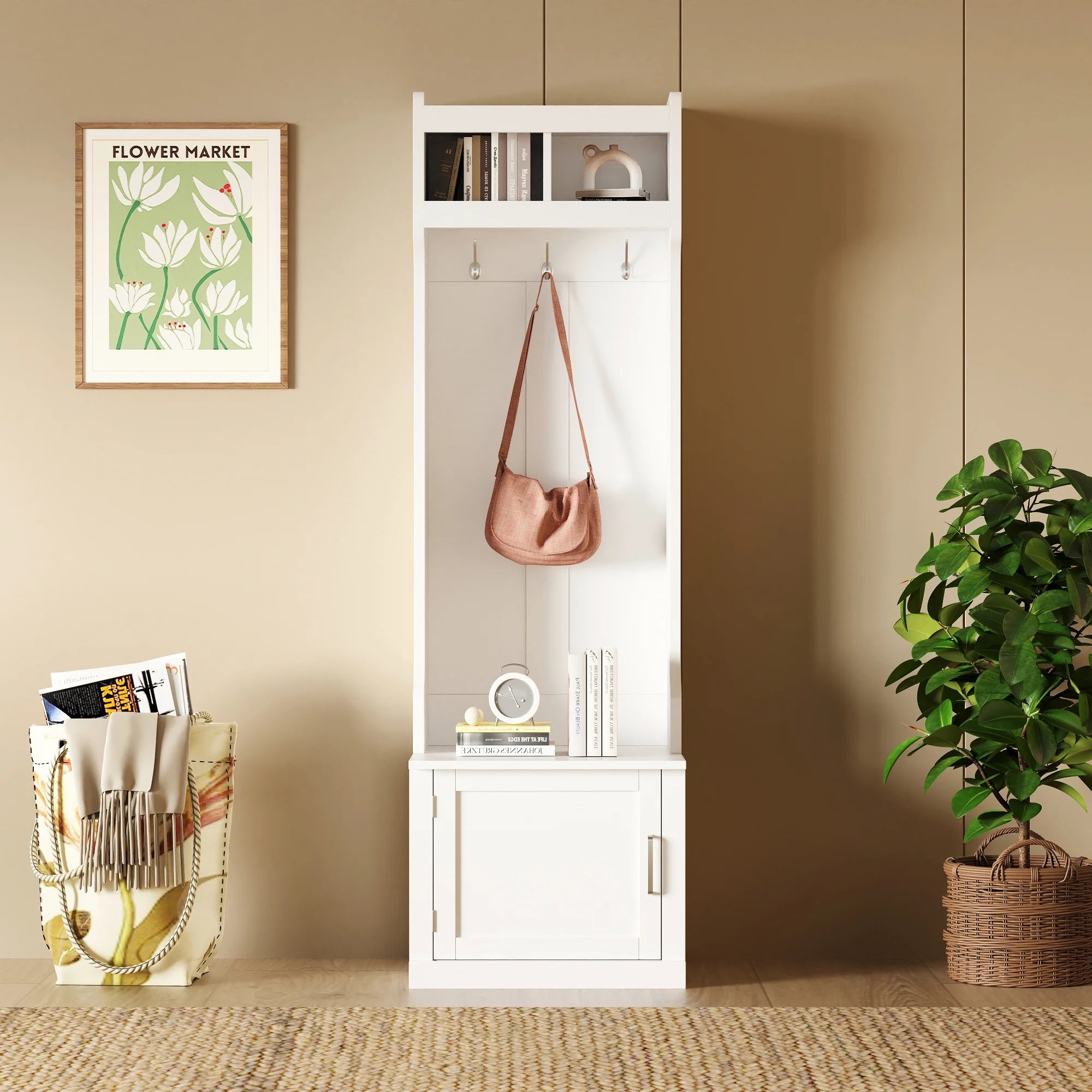 White Slim Hall Tree with Cabinet & 6 Hanging Hooks Storage Bench with Coat Rack K427