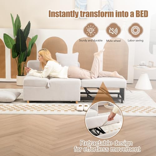 Beige 3-Seat Linen Fabric Convertible Sofa Bed with 2 Throw Pillows C38437