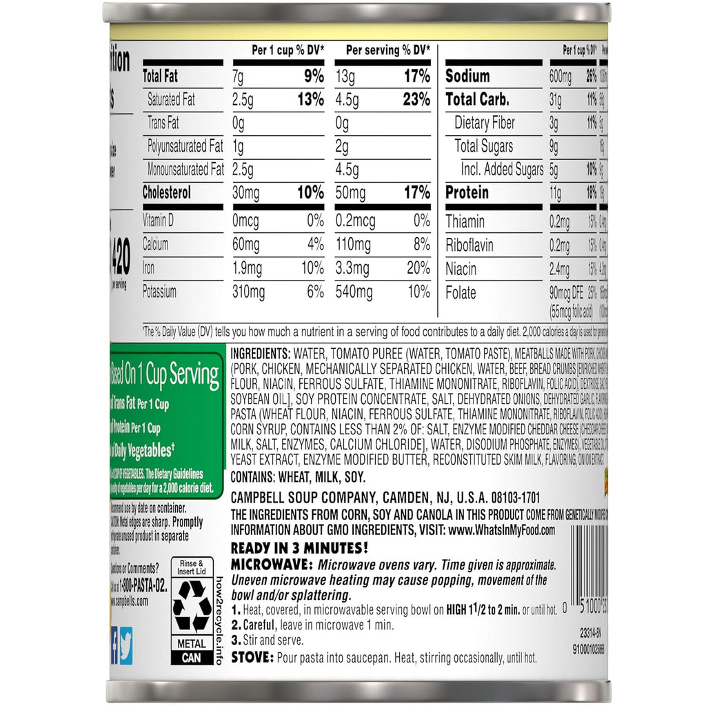 SpaghettiOs Pasta with Meatballs, 15.6 Ounce Can J18116