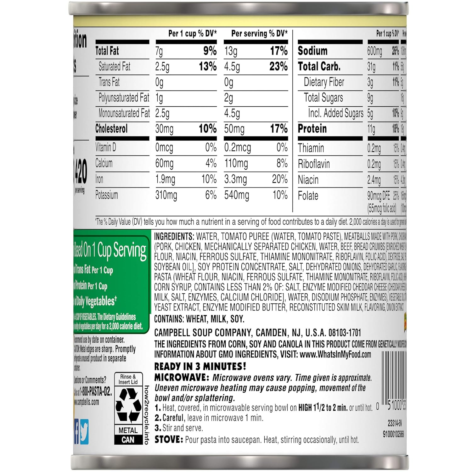 SpaghettiOs Pasta with Meatballs, 15.6 Ounce Can J18116