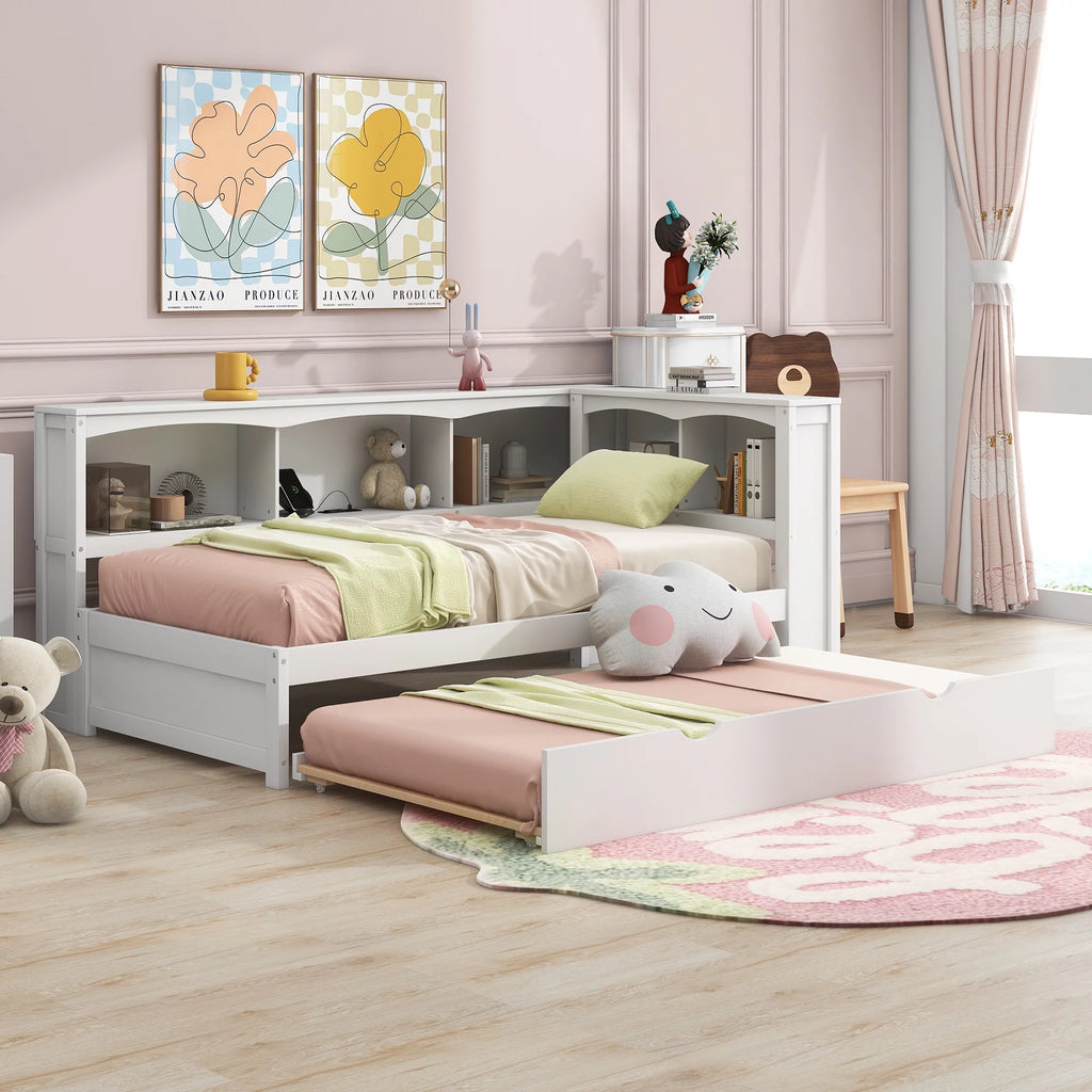 Twin over Twin Size Wood Daybed with Trundle and Storage Cabinets (White) B697879