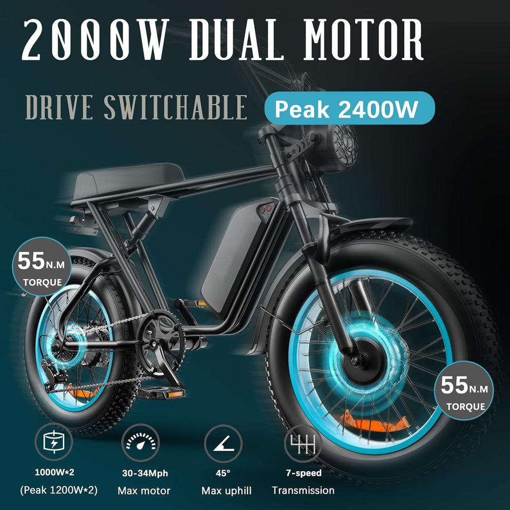 Blue 20" Fat Tire Dual Motor Electric Bike with Full Suspension & Hydraulic Disc Brake G985102