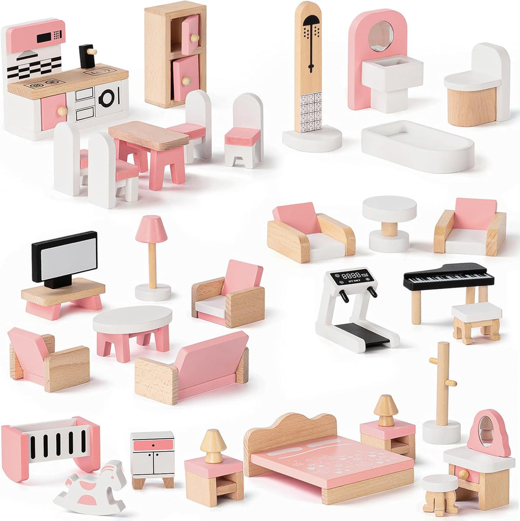 34 Pcs Wooden Dollhouse Furniture Set O55637