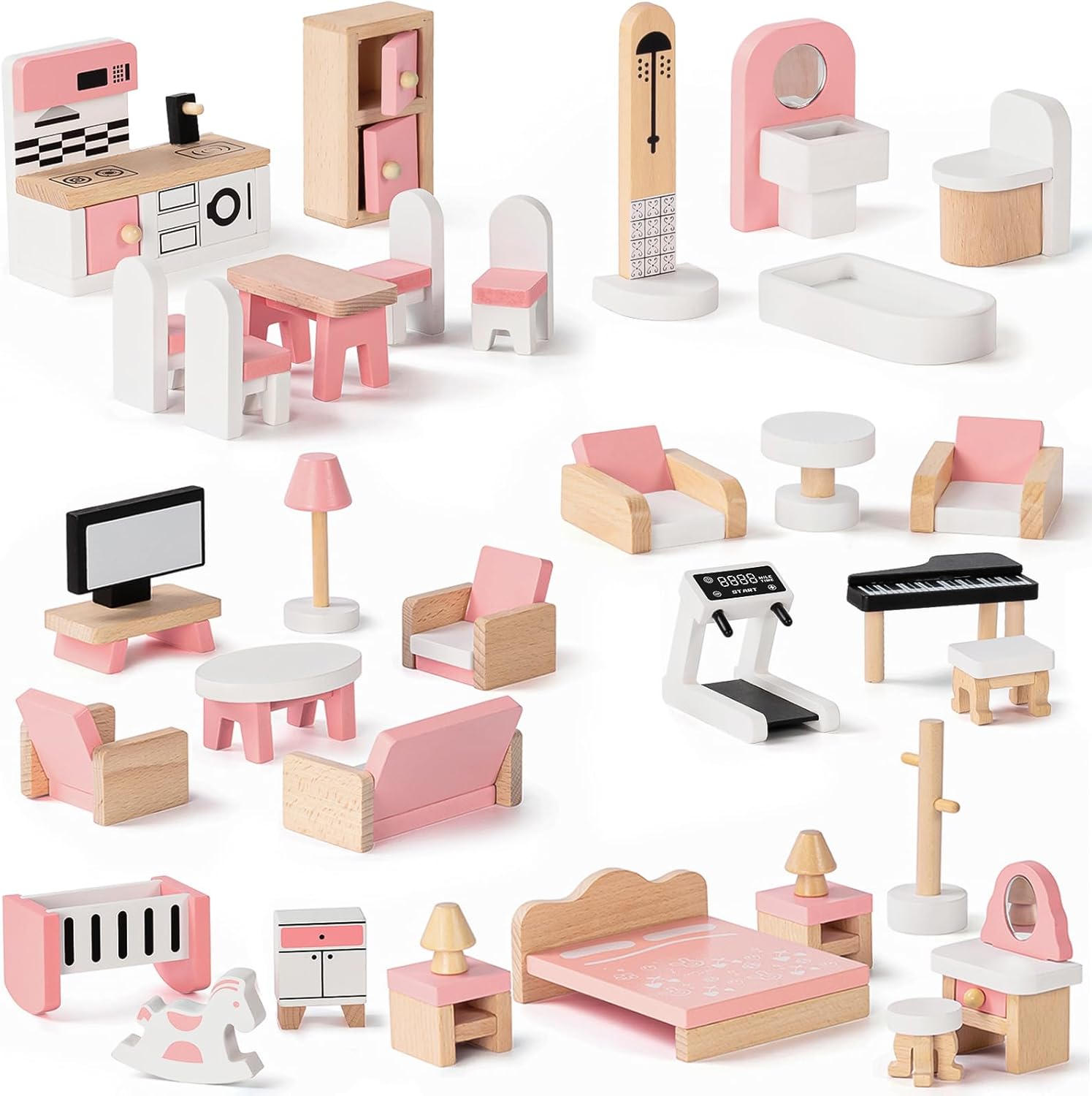 34 Pcs Wooden Dollhouse Furniture Set O55637