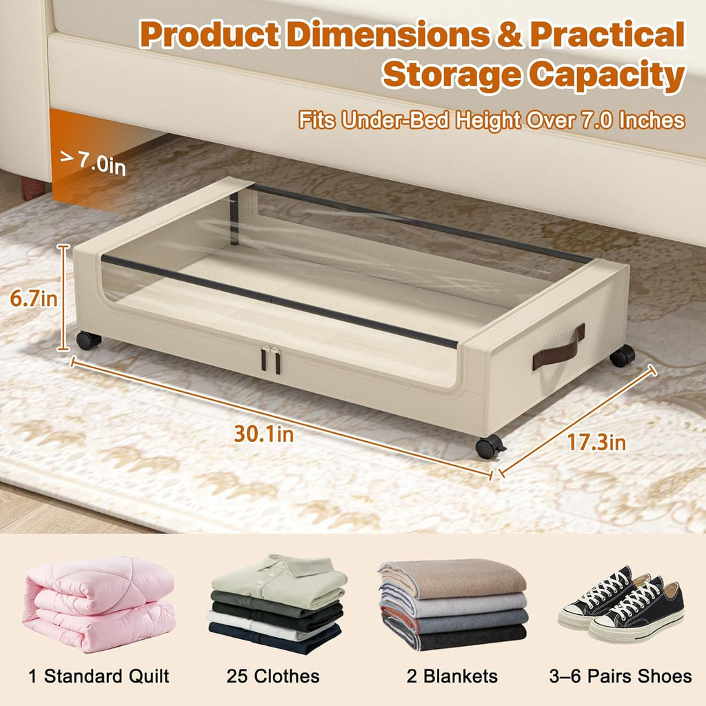 White 4 Pack 60L Under Bed Storage Bins with Wheels and Clear Lids J28832