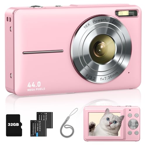 FHD 1080P Point and Shoot Kids Camera with 32GB Card, 2 Batteries, 16X Zoom Anti Shake Date Stamp, Pink G120