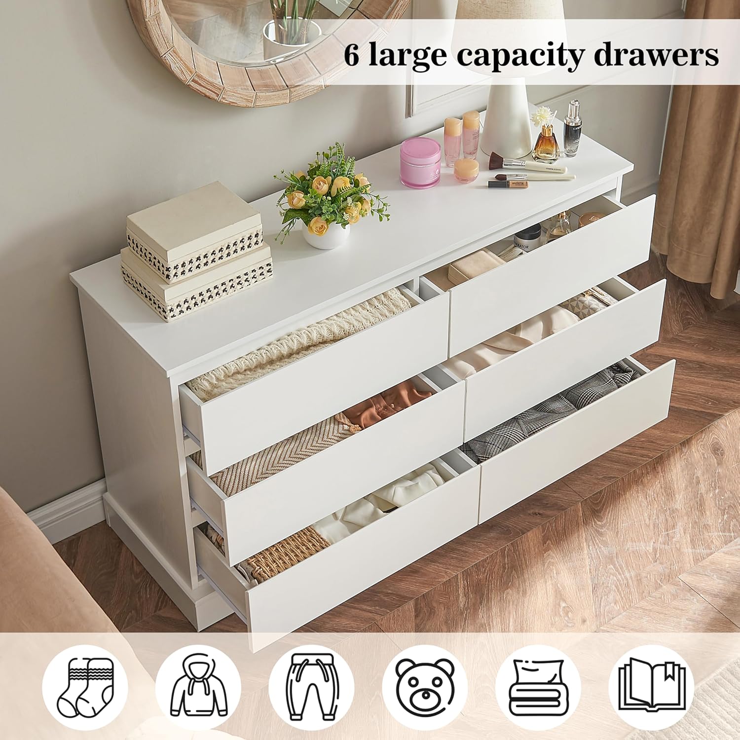 White 6 Drawer Wood Dresser P9548