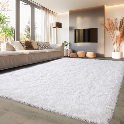 White 4x6 Feet Shaggy Area Rug V2964