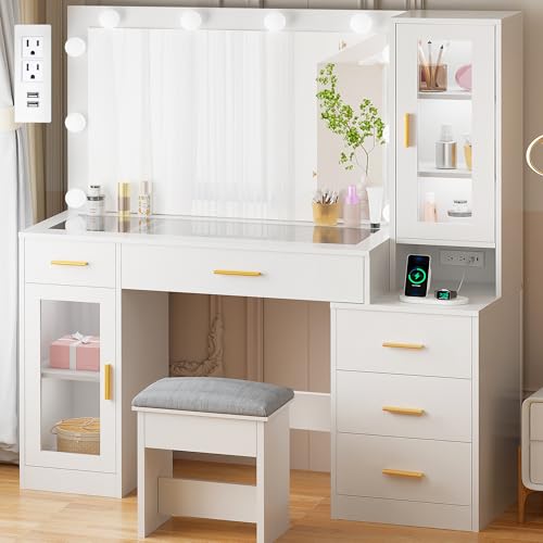 White Large Vanity Desk with Mirror and Lights, Glass Top, Stool, Power Outlet, Drawers, Cabinet T768
