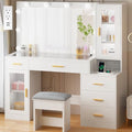 White Large Vanity Desk with Mirror and Lights, Glass Top, Stool, Power Outlet, Drawers, Cabinet T768