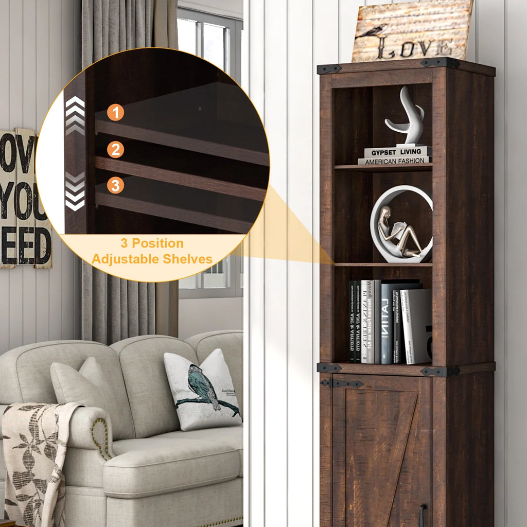 5-Shelf Tall Storage Cabinet with Barn Door and Adjustable Shelves, Brown A7885