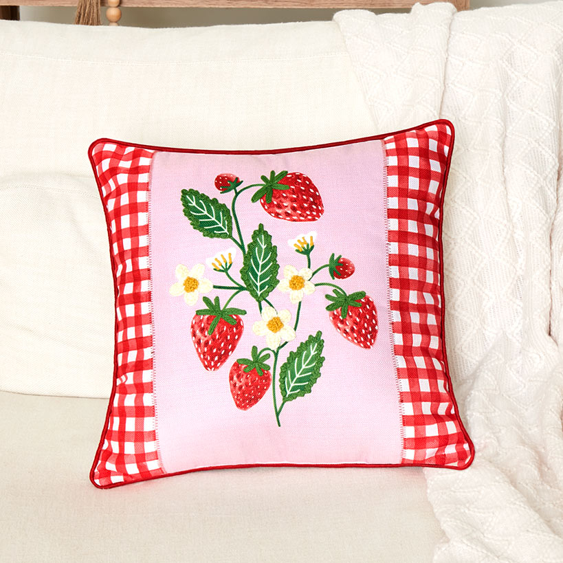Strawberry Garden Embroidered Decorative Pillow