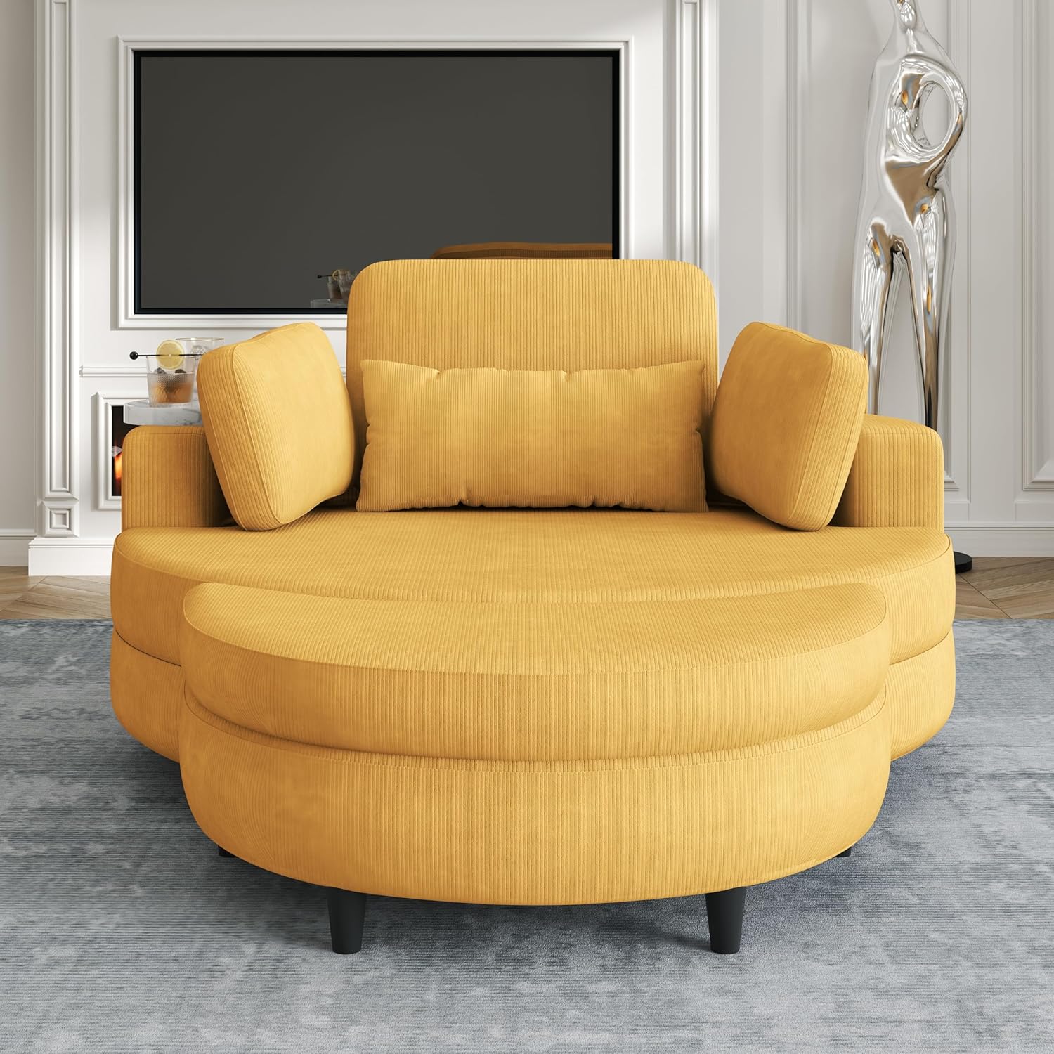 Oversized Corduroy Barrel Armchair with Adjustable Headrest, 4 Pillows, Storage Ottoman & Removable Tray V820634