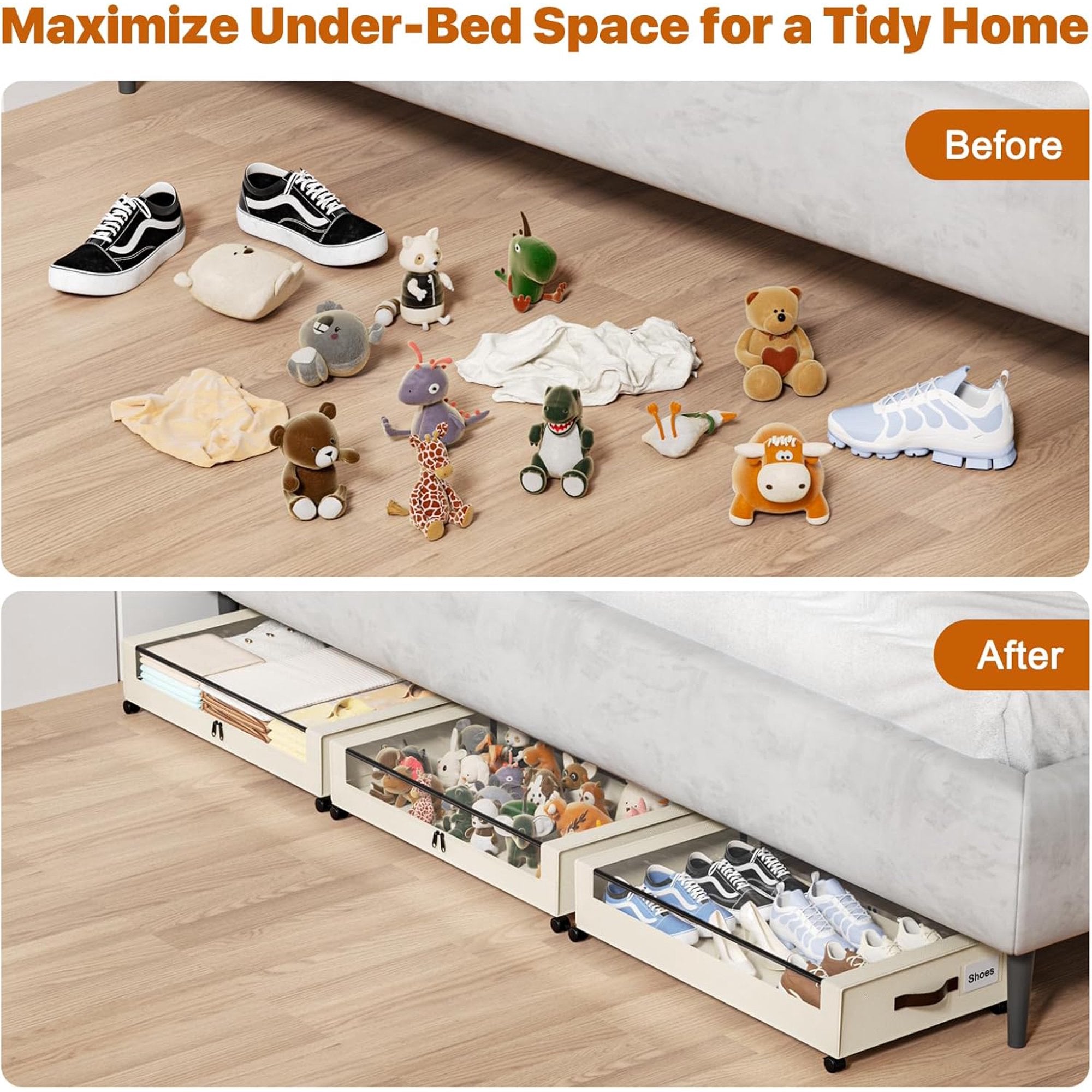 White 4 Pack 60L Under Bed Storage Bins with Wheels and Clear Lids J28832
